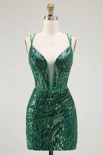 Sparkly Dark Green Bodycon Backless Short Corset Homecoming Dress with Sequins